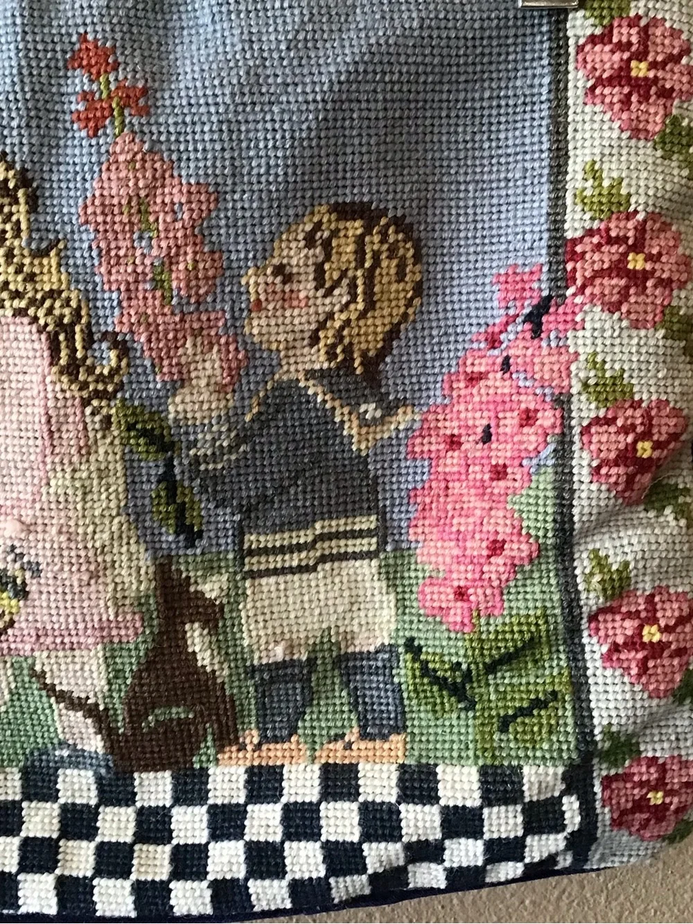 Needlepoint Accent Pillowcase Summer Garden Children Scene